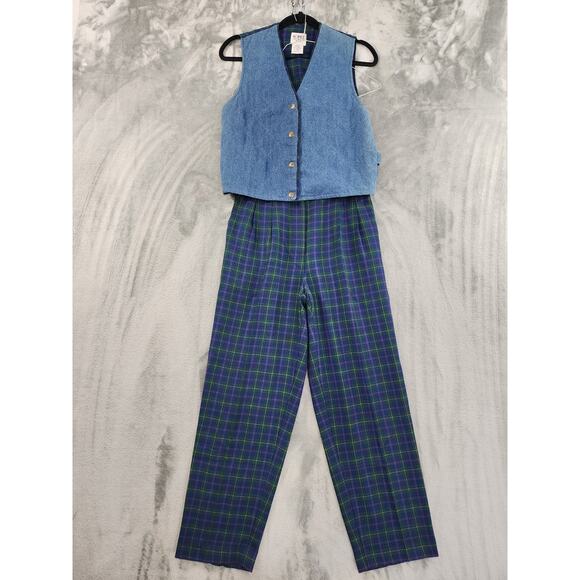 Vintage Koret City Blues Quilted Denim Snap Vest Plaid Crop Pant Set Size 8 Blue - Picture 1 of 16